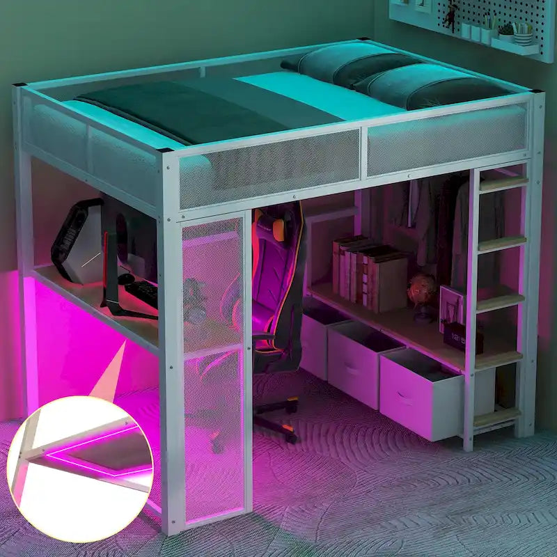 Cama alta Full Metal Gaming con LED, escritorio y cajones