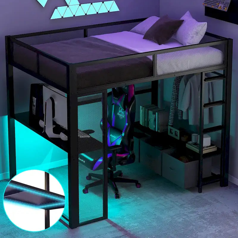 Cama alta Full Metal Gaming con LED, escritorio y cajones