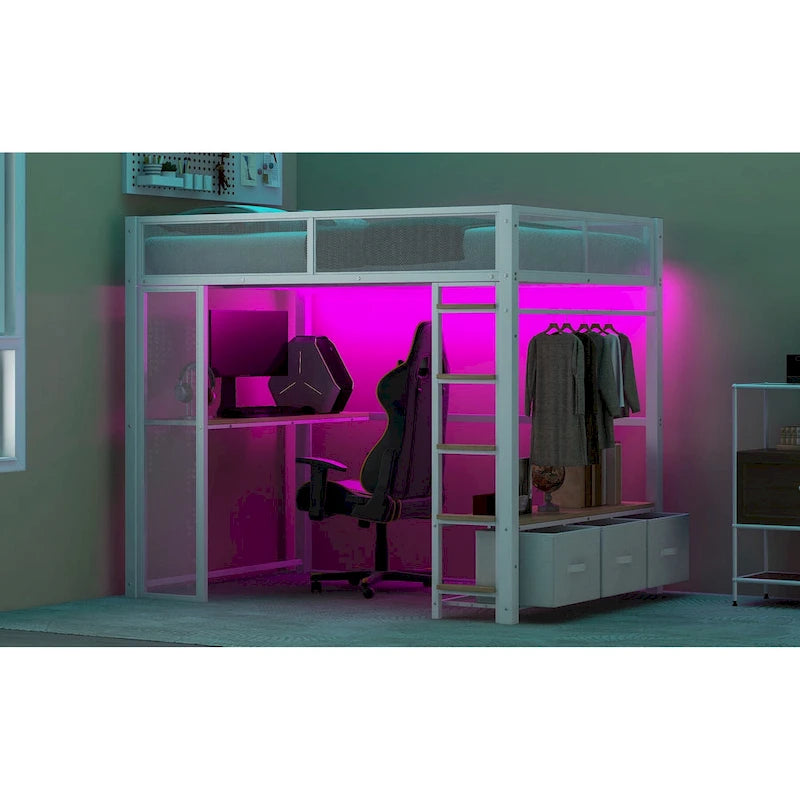 Cama alta Full Metal Gaming con LED, escritorio y cajones