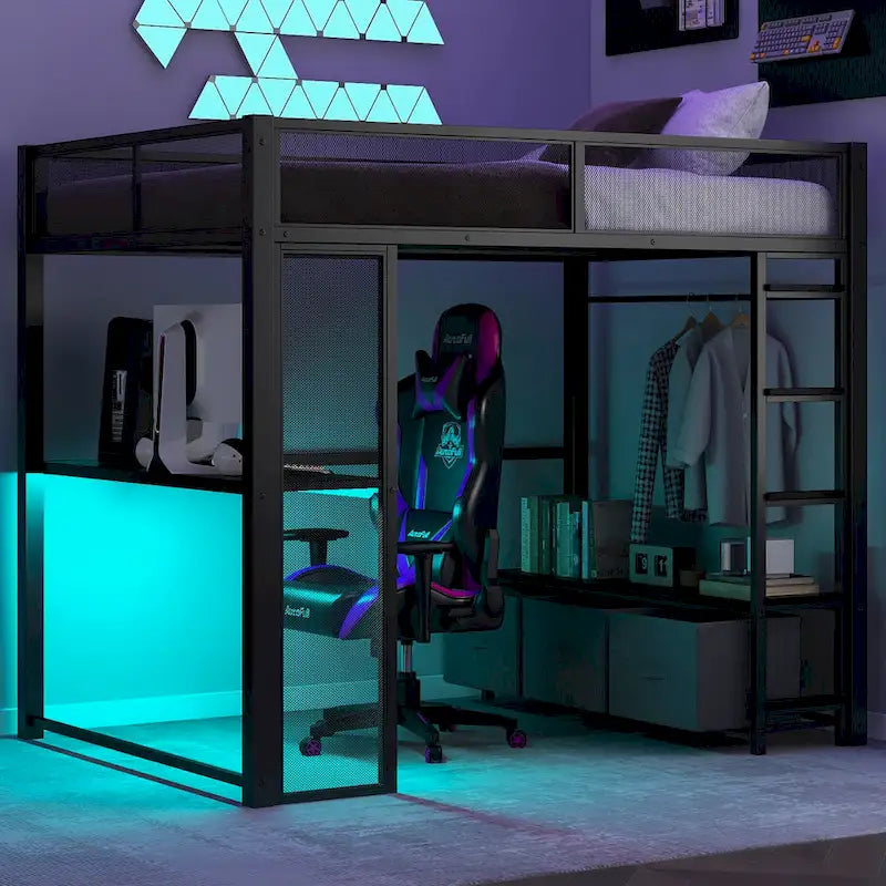 Cama alta Full Metal Gaming con LED, escritorio y cajones