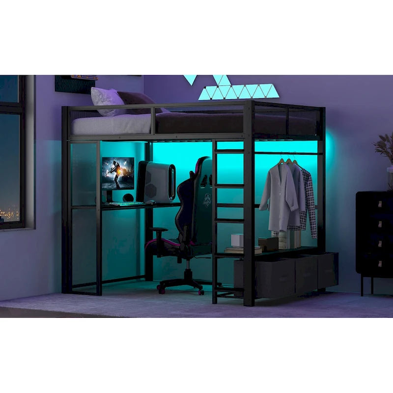 Cama alta Full Metal Gaming con LED, escritorio y cajones