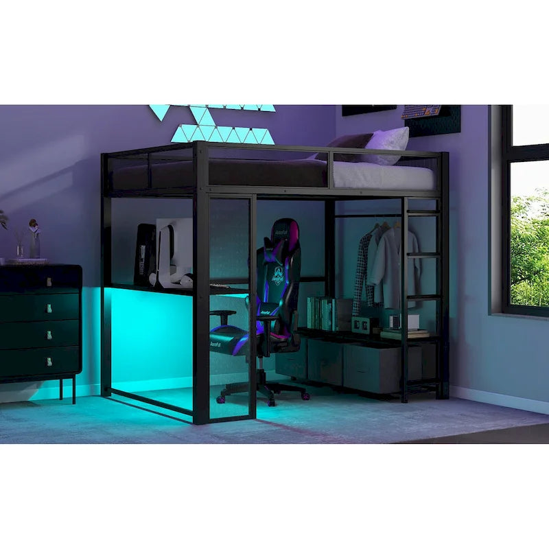 Cama alta Full Metal Gaming con LED, escritorio y cajones