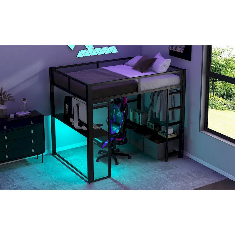 Cama alta Full Metal Gaming con LED, escritorio y cajones