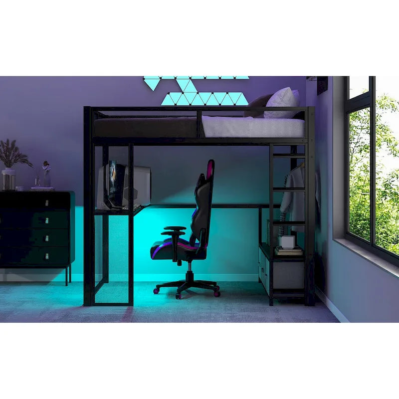Cama alta Full Metal Gaming con LED, escritorio y cajones
