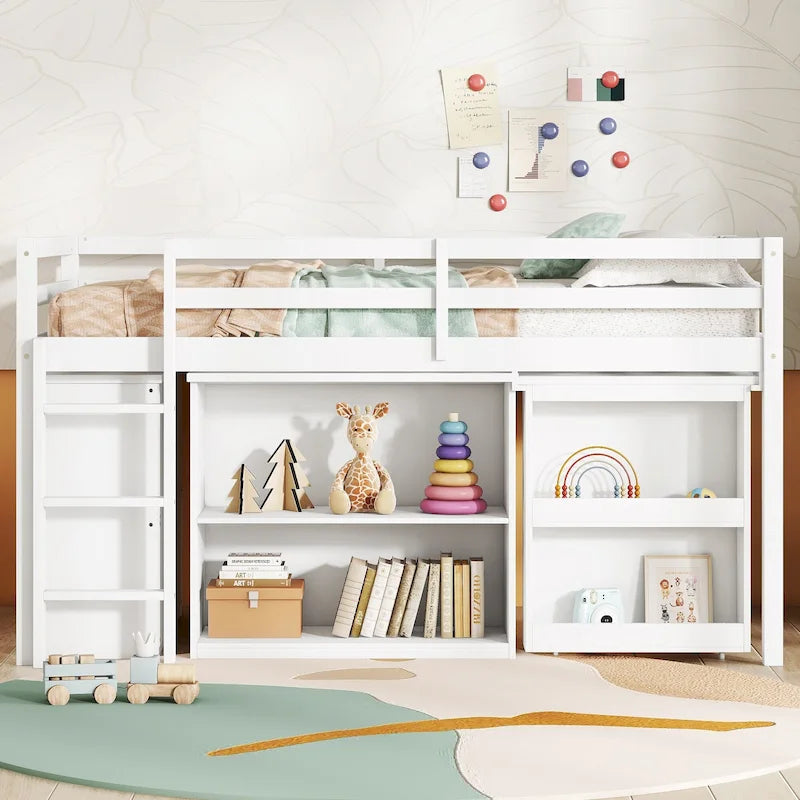 Cama alta doble con armario de almacenaje y cajones, estantería, escritorio extraíble, cama alta de madera de caucho con escalera, blanca