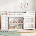 Cama alta doble con armario de almacenaje y cajones, estantería, escritorio extraíble, cama alta de madera de caucho con escalera, blanca