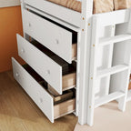 Cama alta doble con armario de almacenaje y cajones, estantería, escritorio extraíble, cama alta de madera de caucho con escalera, blanca