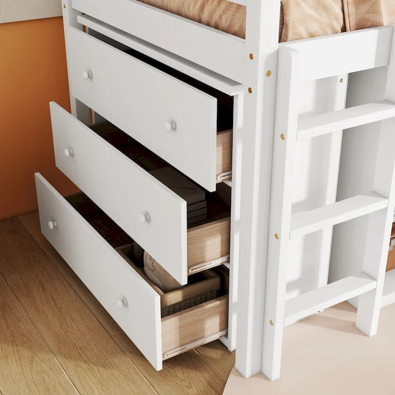 Cama alta doble con armario de almacenaje y cajones, estantería, escritorio extraíble, cama alta de madera de caucho con escalera, blanca