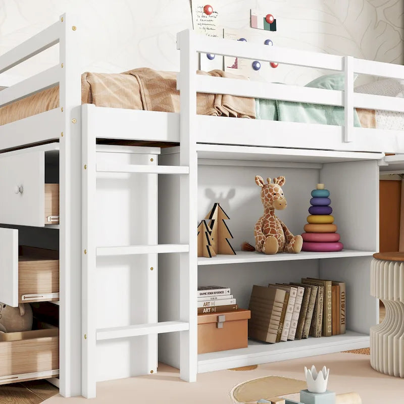 Cama alta doble con armario de almacenaje y cajones, estantería, escritorio extraíble, cama alta de madera de caucho con escalera, blanca