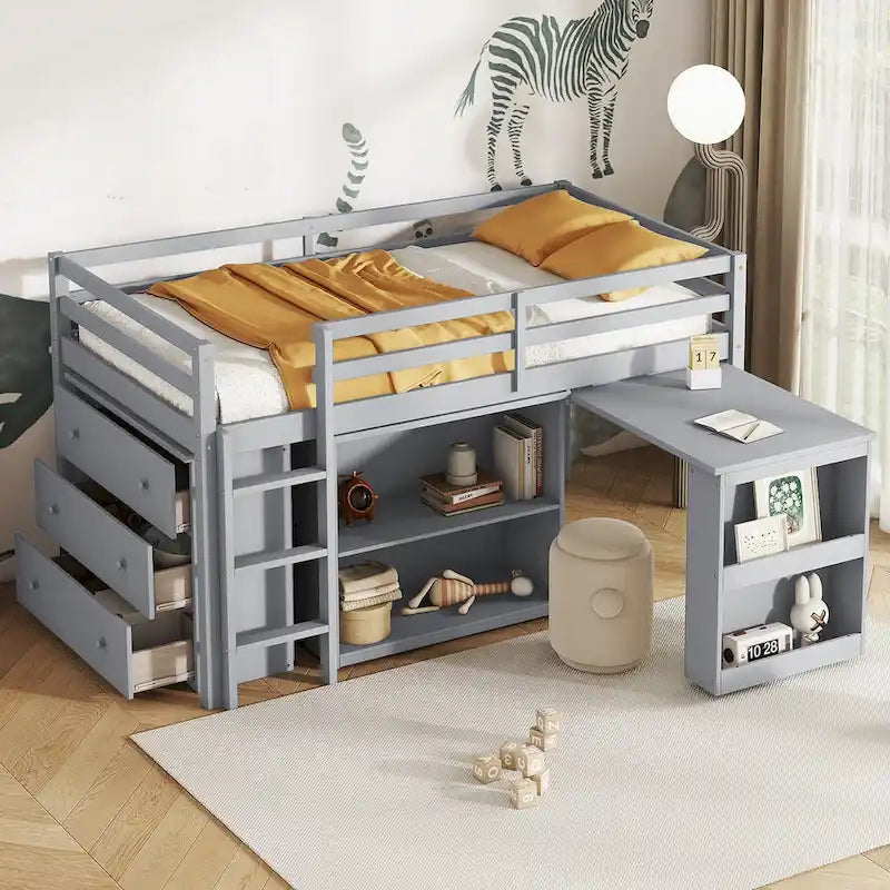Cama alta doble con armario de almacenaje y cajones, estantería, escritorio extraíble, cama alta de madera de caucho con escalera, blanca
