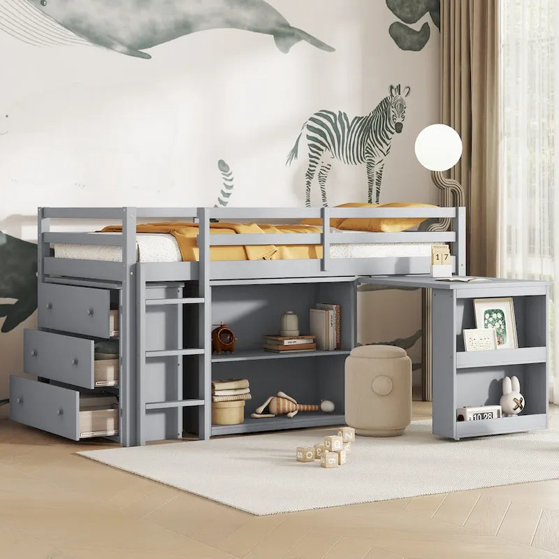 Cama alta doble con armario de almacenaje y cajones, estantería, escritorio extraíble, cama alta de madera de caucho con escalera, blanca
