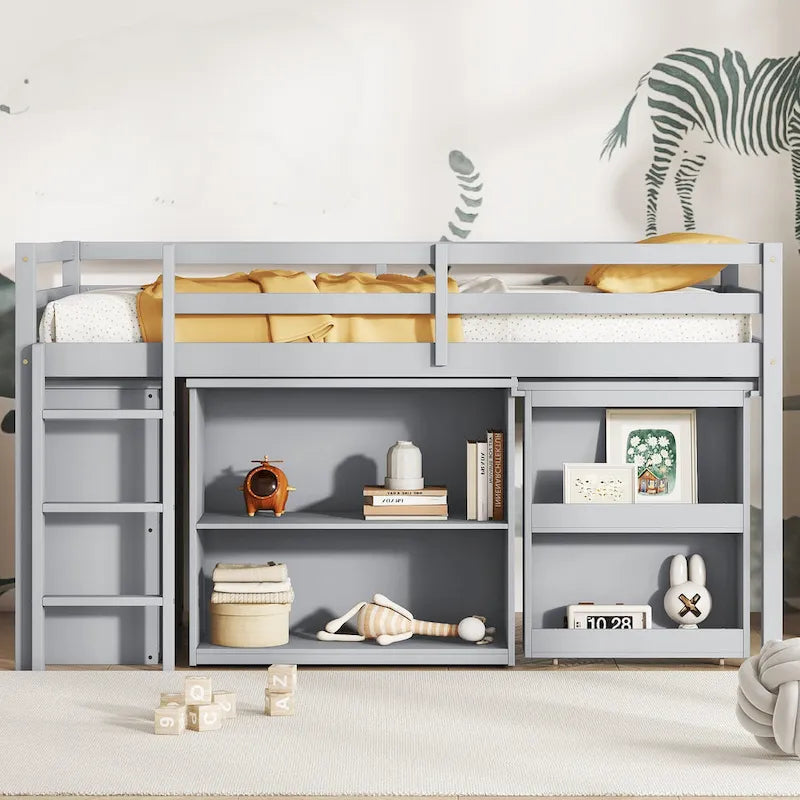 Cama alta doble con armario de almacenaje y cajones, estantería, escritorio extraíble, cama alta de madera de caucho con escalera, blanca
