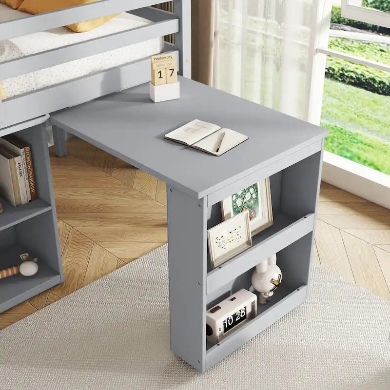Cama alta doble con armario de almacenaje y cajones, estantería, escritorio extraíble, cama alta de madera de caucho con escalera, blanca