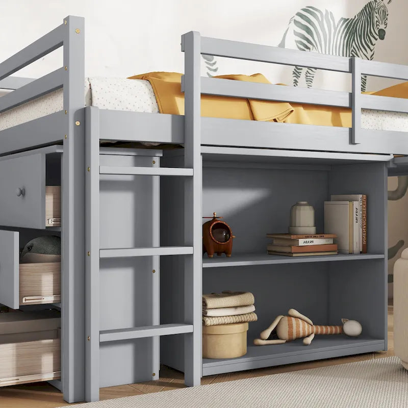 Cama alta doble con armario de almacenaje y cajones, estantería, escritorio extraíble, cama alta de madera de caucho con escalera, blanca
