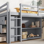Cama alta doble con armario de almacenaje y cajones, estantería, escritorio extraíble, cama alta de madera de caucho con escalera, blanca