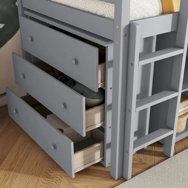 Cama alta doble con armario de almacenaje y cajones, estantería, escritorio extraíble, cama alta de madera de caucho con escalera, blanca