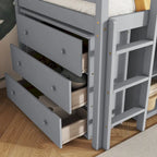 Cama alta doble con armario de almacenaje y cajones, estantería, escritorio extraíble, cama alta de madera de caucho con escalera, blanca