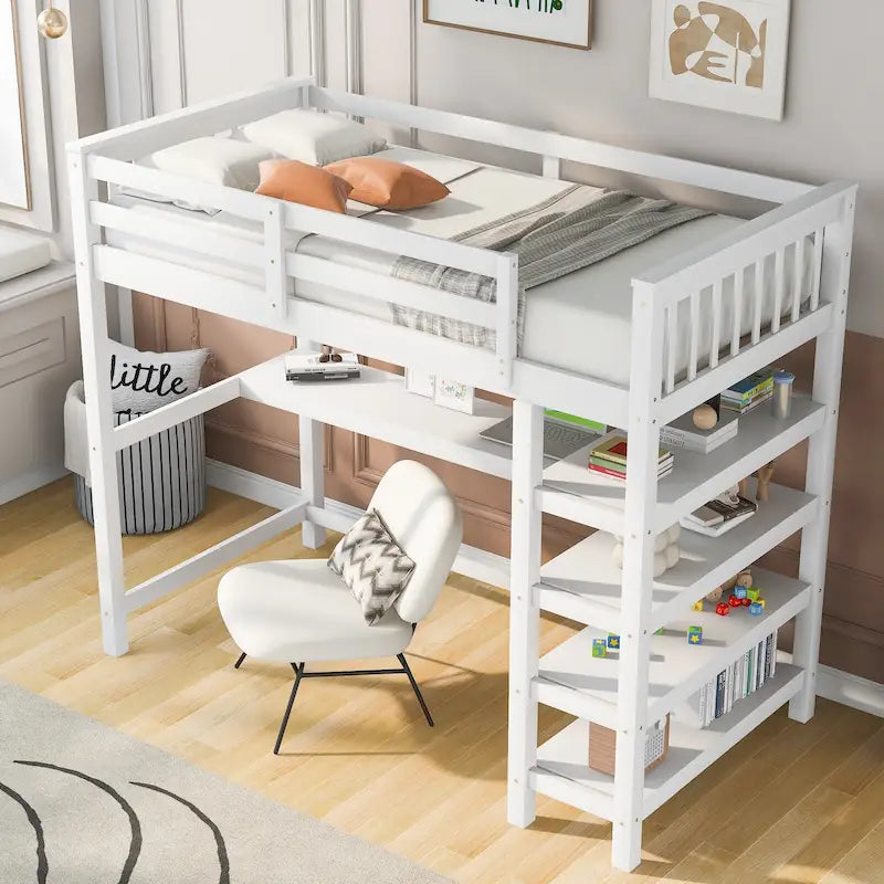 Cama alta individual con estantes de almacenamiento y escritorio debajo de la cama