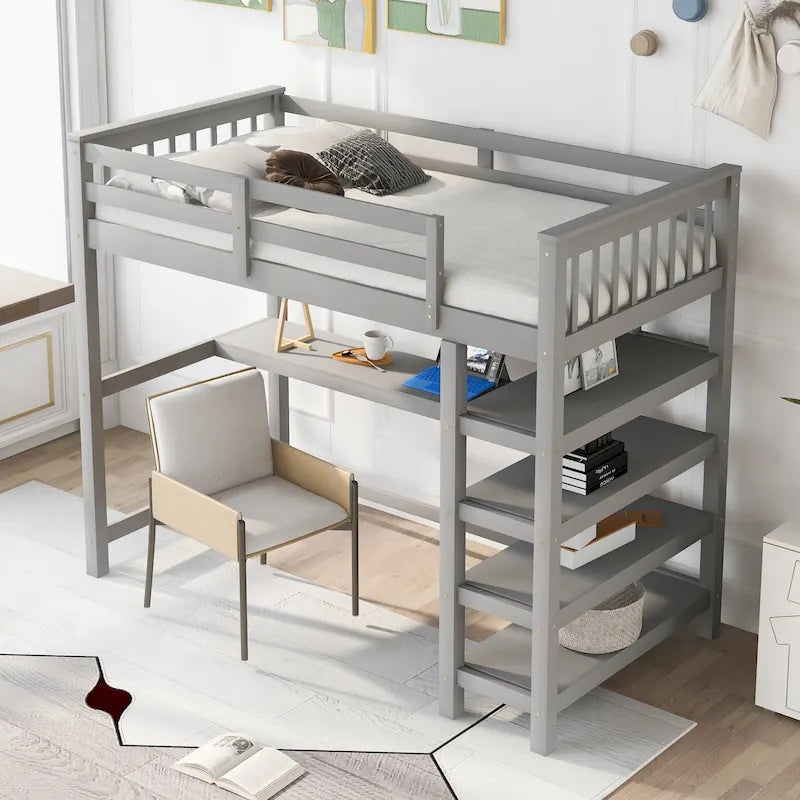 Cama alta individual con estantes de almacenamiento y escritorio debajo de la cama