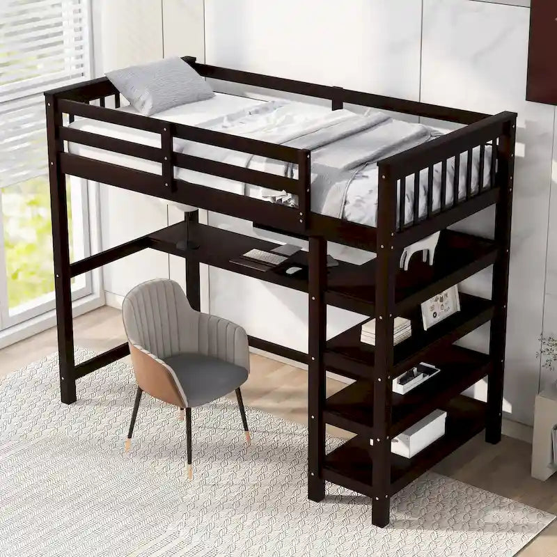 Cama alta individual con estantes de almacenamiento y escritorio debajo de la cama