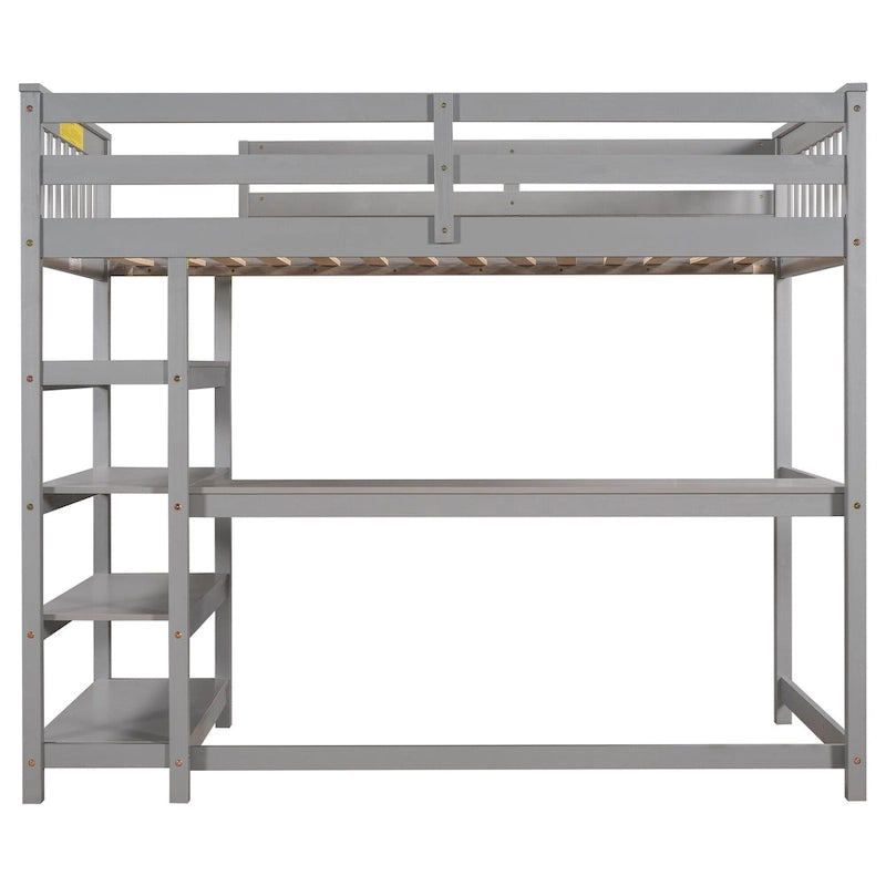 Cama alta individual con estantes de almacenamiento y escritorio debajo de la cama