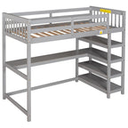Cama alta individual con estantes de almacenamiento y escritorio debajo de la cama