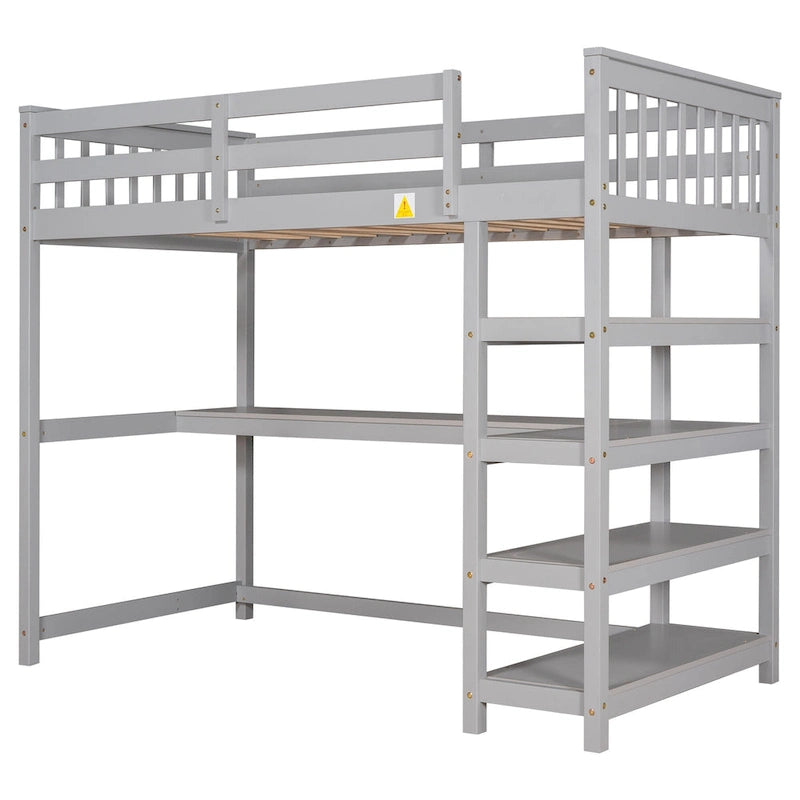 Cama alta individual con estantes de almacenamiento y escritorio debajo de la cama