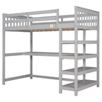 Cama alta individual con estantes de almacenamiento y escritorio debajo de la cama