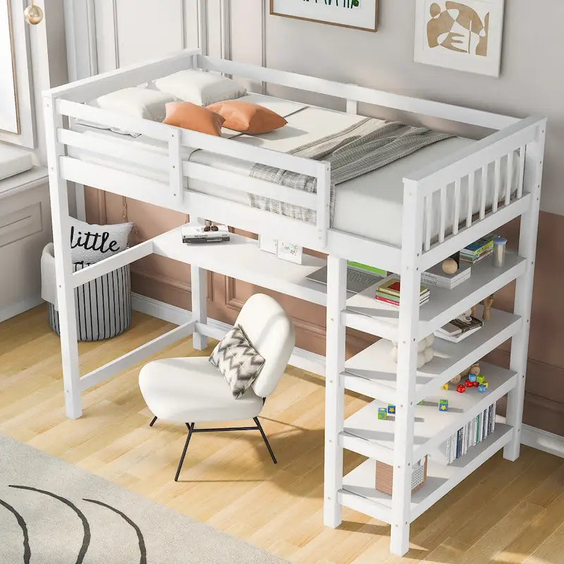 Cama alta individual con estantes de almacenamiento y escritorio debajo de la cama