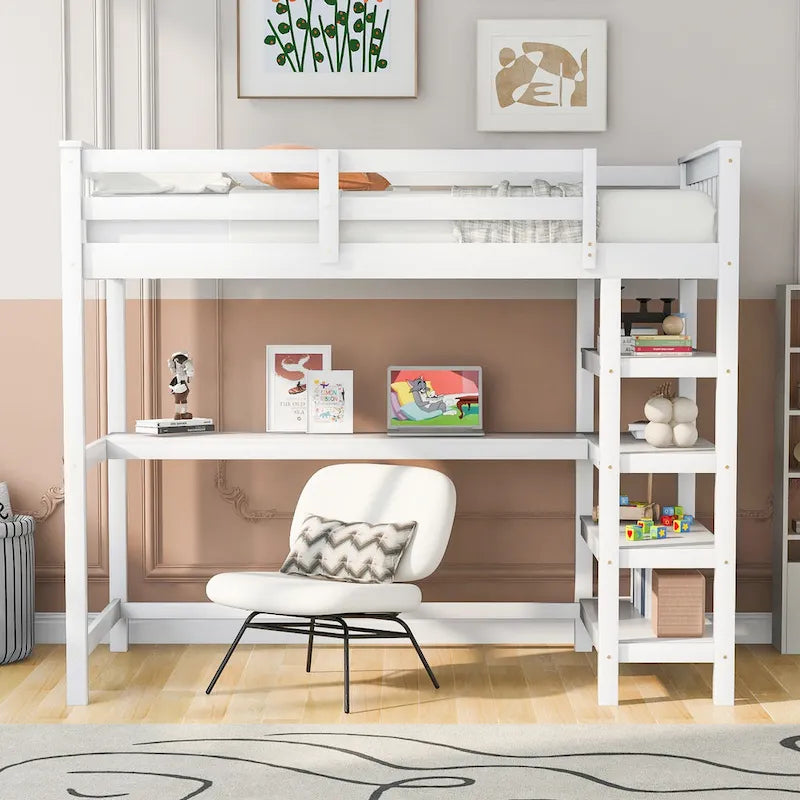 Cama alta individual con estantes de almacenamiento y escritorio debajo de la cama
