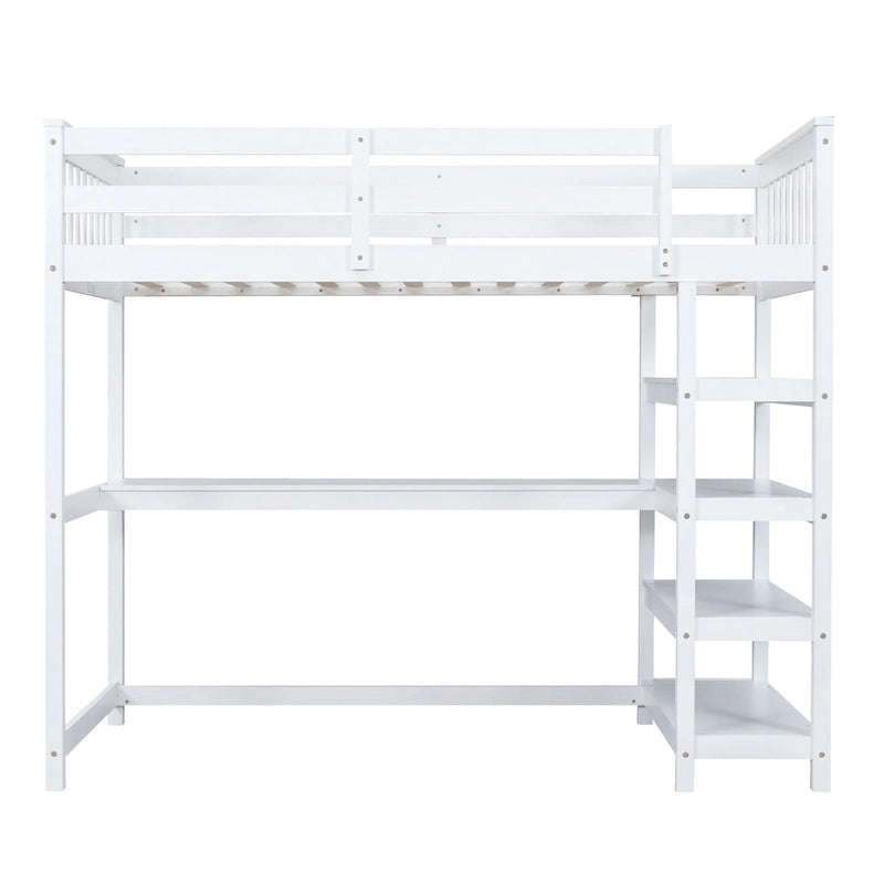 Cama alta individual con estantes de almacenamiento y escritorio debajo de la cama