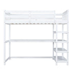 Cama alta individual con estantes de almacenamiento y escritorio debajo de la cama