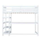 Cama alta individual con estantes de almacenamiento y escritorio debajo de la cama