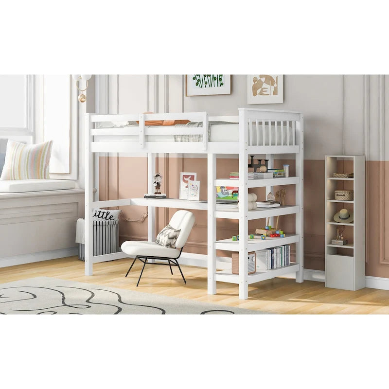Cama alta individual con estantes de almacenamiento y escritorio debajo de la cama