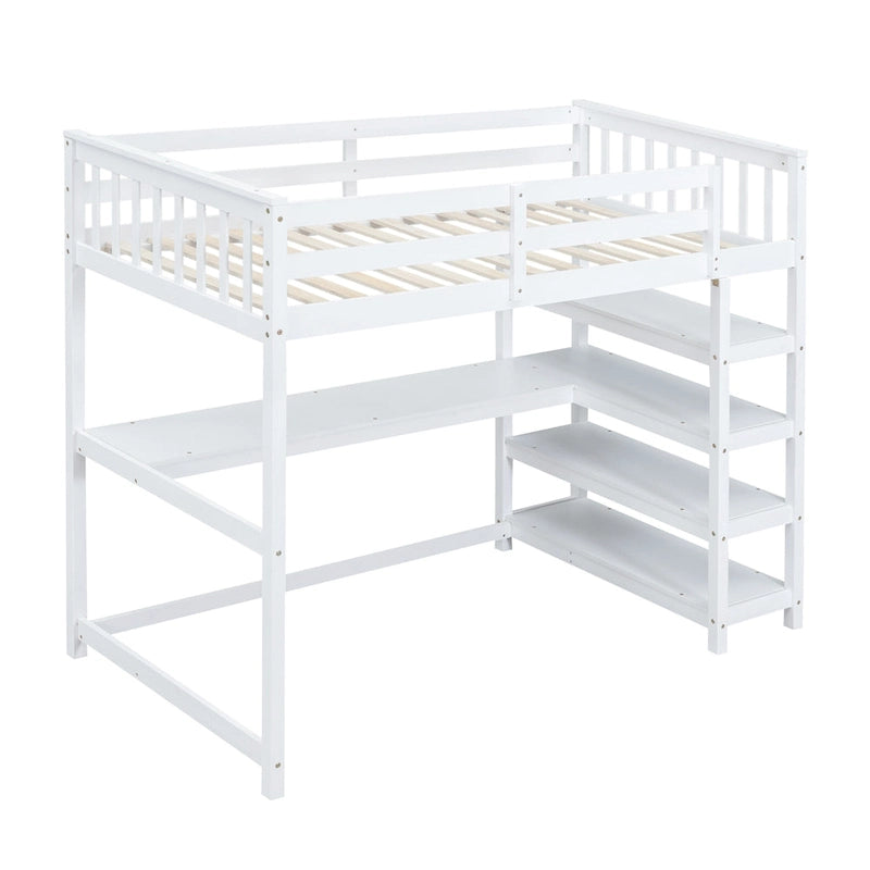 Cama alta individual con estantes de almacenamiento y escritorio debajo de la cama