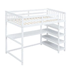 Cama alta individual con estantes de almacenamiento y escritorio debajo de la cama