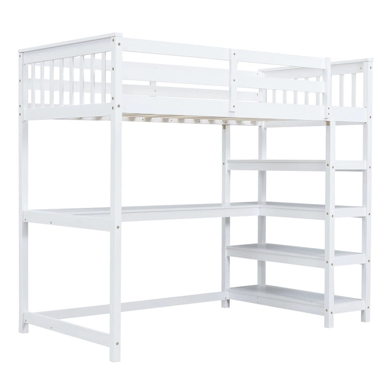Cama alta individual con estantes de almacenamiento y escritorio debajo de la cama