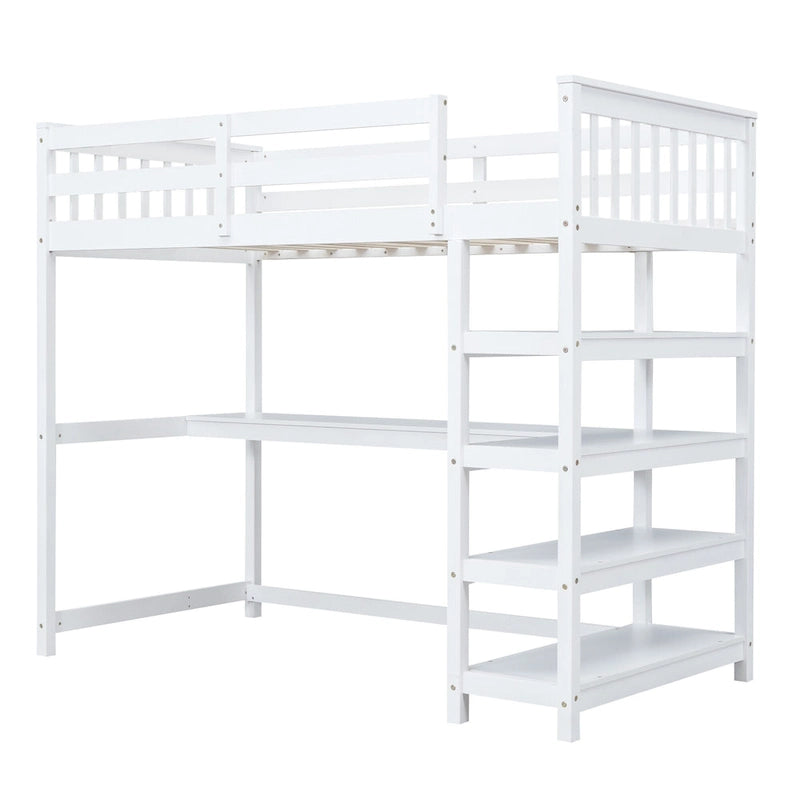 Cama alta individual con estantes de almacenamiento y escritorio debajo de la cama