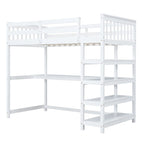 Cama alta individual con estantes de almacenamiento y escritorio debajo de la cama
