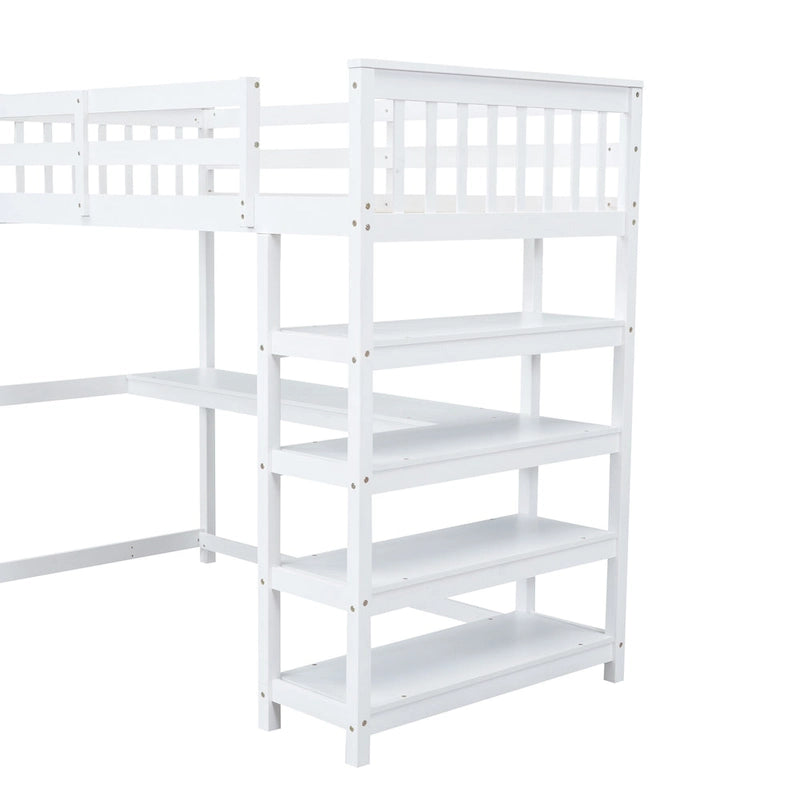 Cama alta individual con estantes de almacenamiento y escritorio debajo de la cama