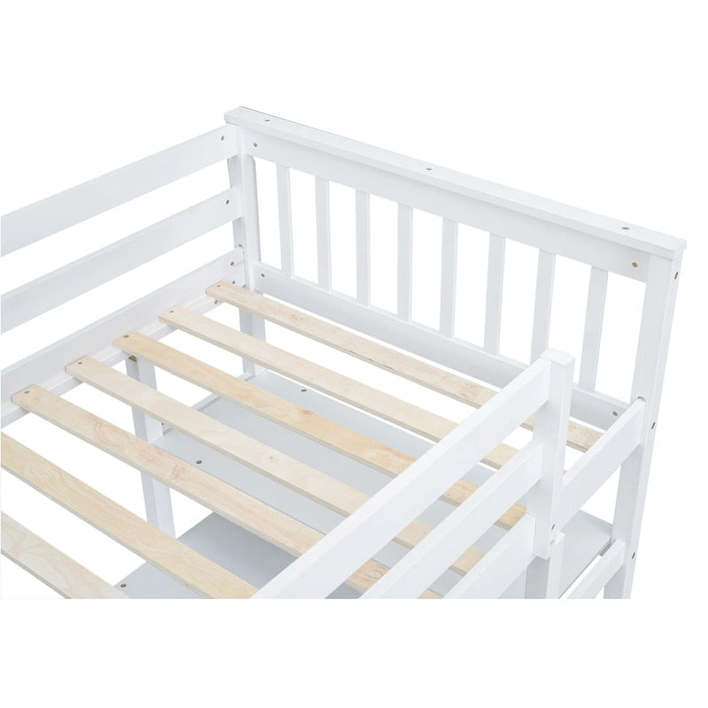 Cama alta individual con estantes de almacenamiento y escritorio debajo de la cama