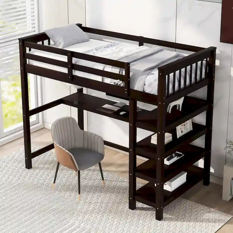 Cama alta individual con estantes de almacenamiento y escritorio debajo de la cama