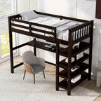 Cama alta individual con estantes de almacenamiento y escritorio debajo de la cama
