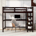 Cama alta individual con estantes de almacenamiento y escritorio debajo de la cama