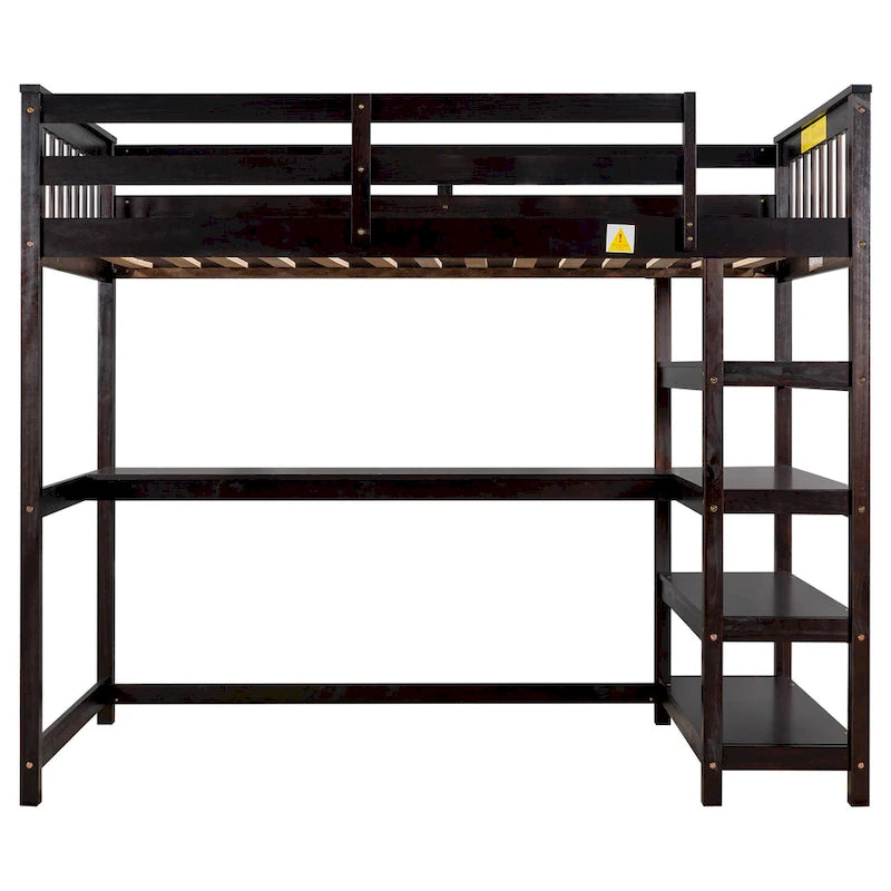 Cama alta individual con estantes de almacenamiento y escritorio debajo de la cama