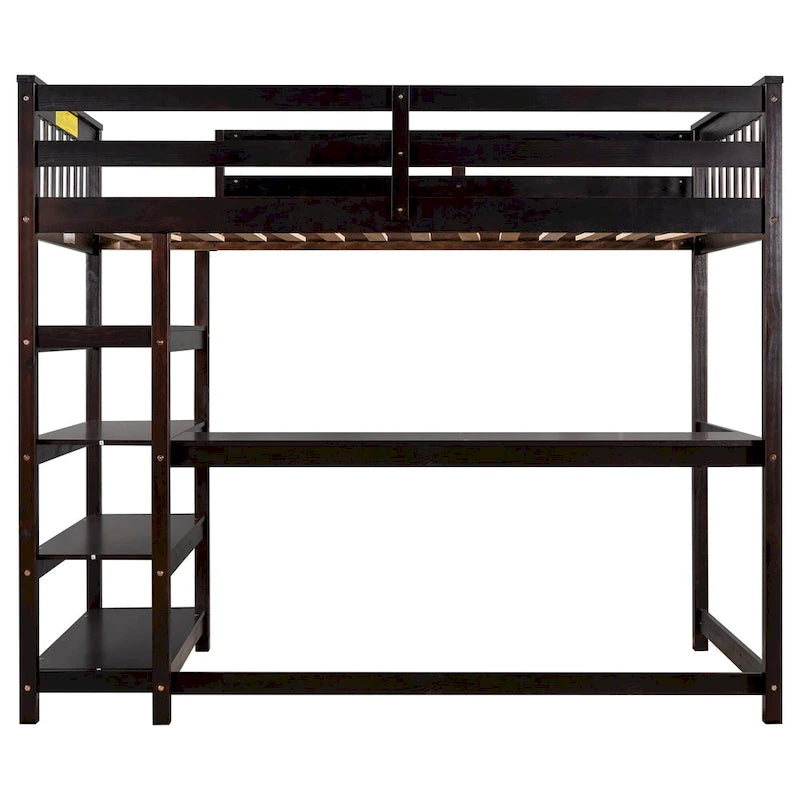 Cama alta individual con estantes de almacenamiento y escritorio debajo de la cama