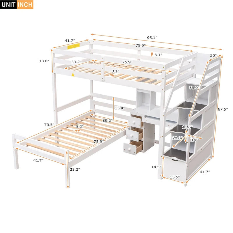 Cama alta individual con cama independiente, escalera de almacenamiento, escritorio, estantes y cajones, gris