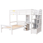 Cama alta individual con cama independiente, escalera de almacenamiento, escritorio, estantes y cajones, gris