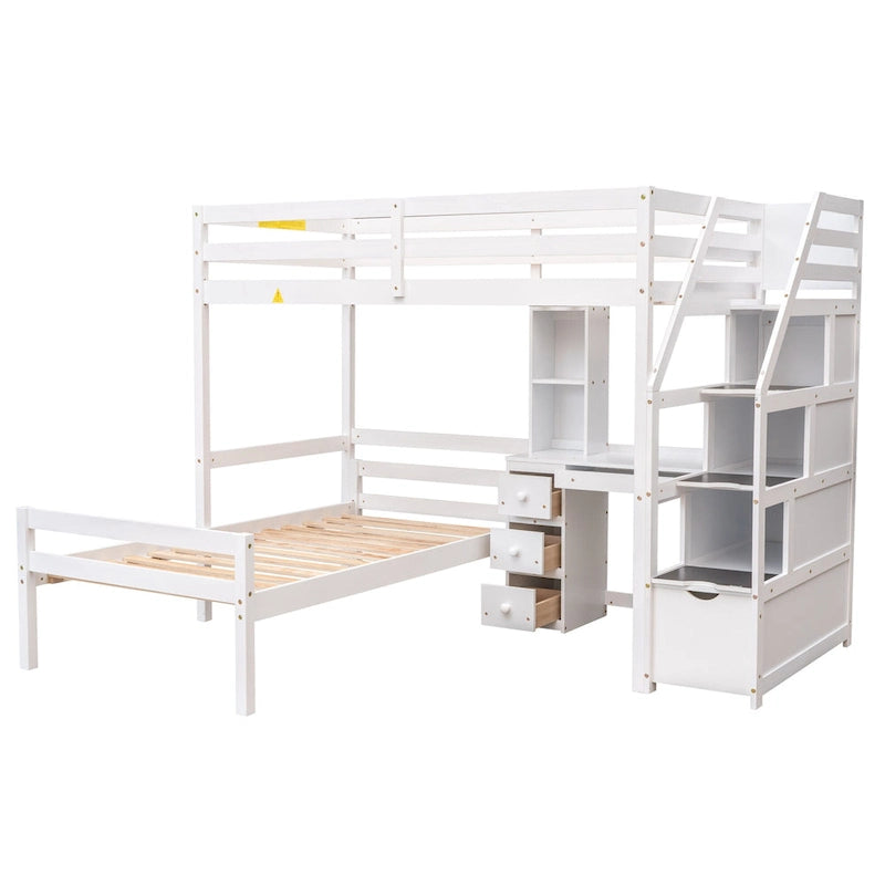 Cama alta individual con cama independiente, escalera de almacenamiento, escritorio, estantes y cajones, gris