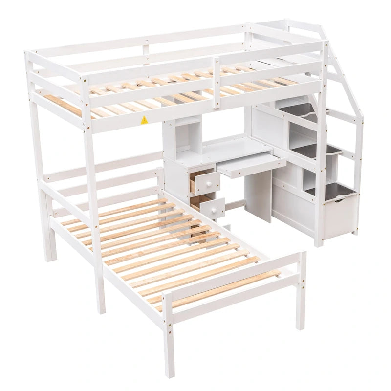 Cama alta individual con cama independiente, escalera de almacenamiento, escritorio, estantes y cajones, gris